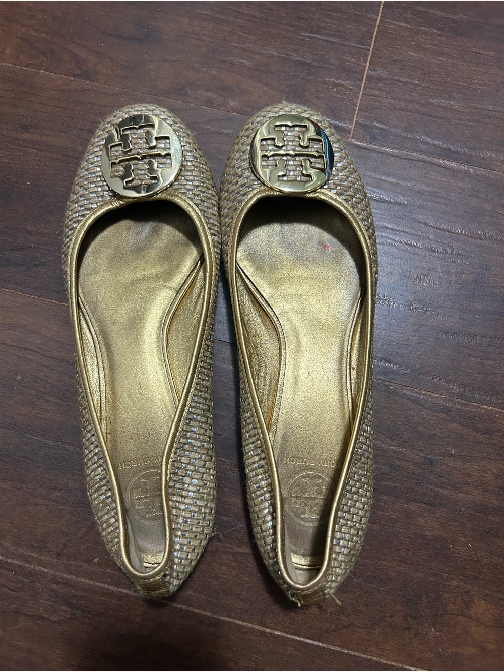 Tory Burch Metallic Gold Woven Logo Ballet Flats